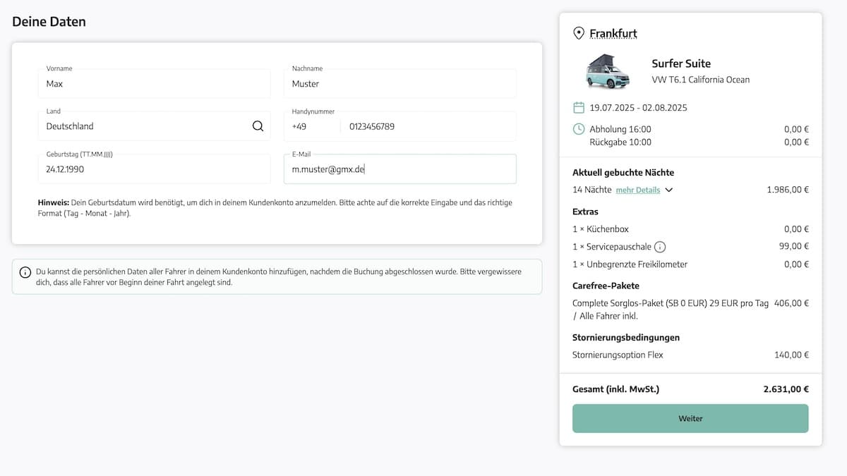Roadsurfer Gutschein-Code | Rabatt Code für Influencer - Persönliche Daten