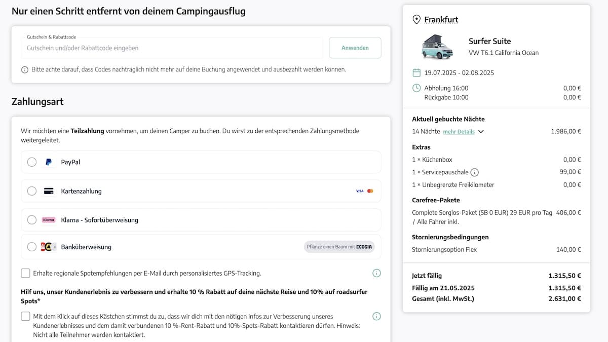 Roadsurfer Gutschein-Code | Rabatt Code für Influencer- Eingabe Gutscheincode